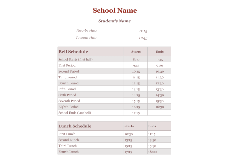 School bell schedule template