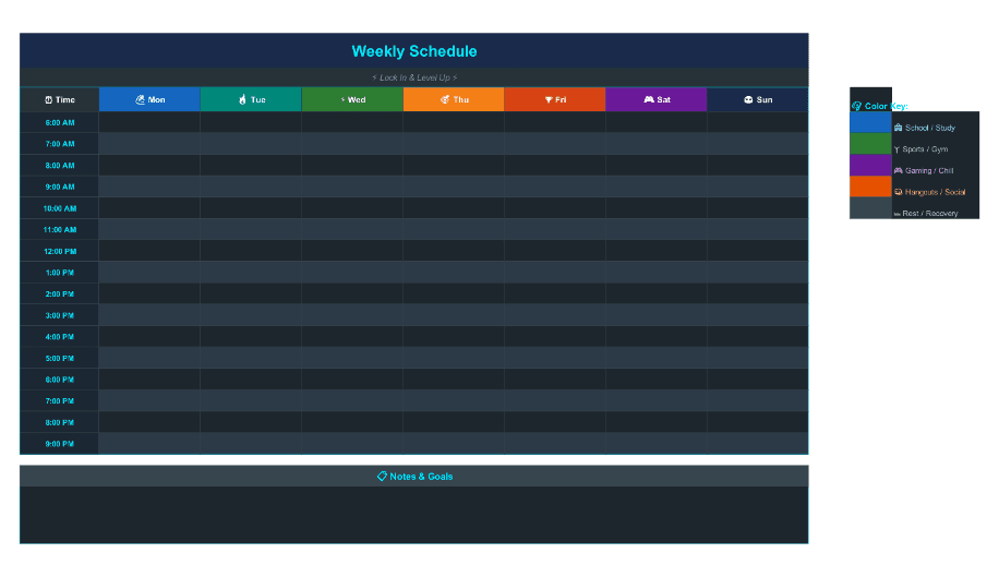 Weekly schedule for a teenage boy template