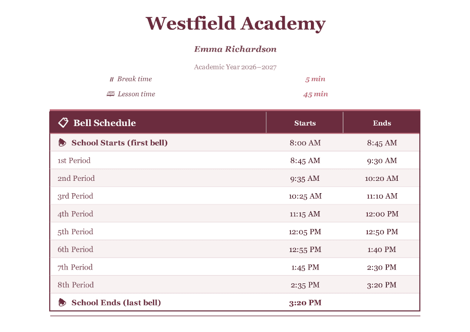 Westfield Academy bell schedule template