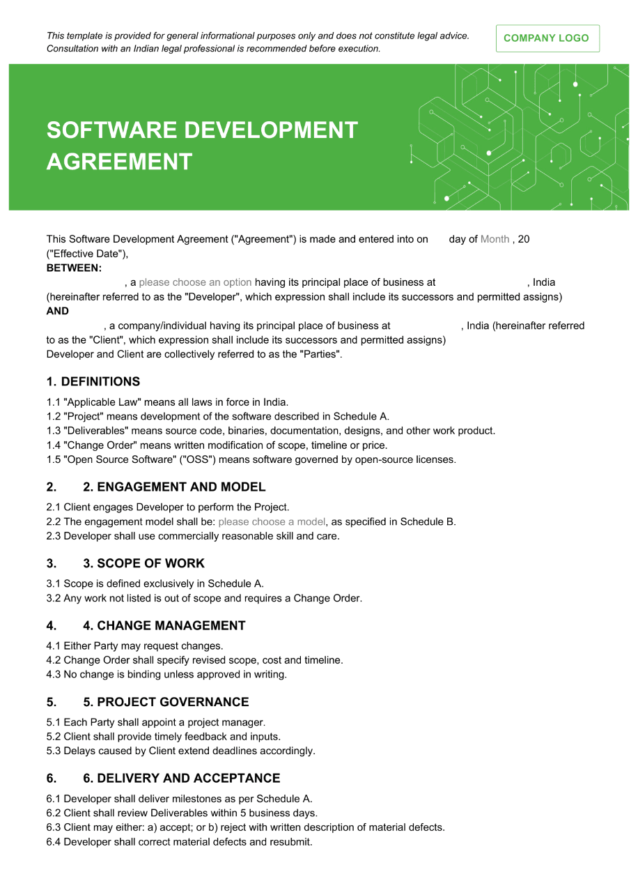 Software development agreement template