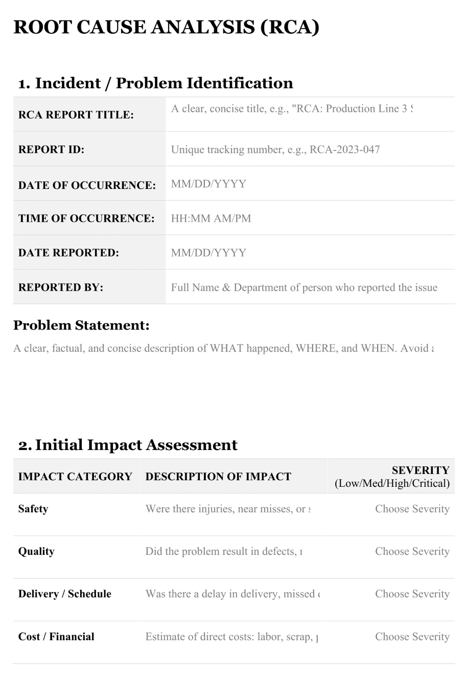 Root cause analysis (RCA) template