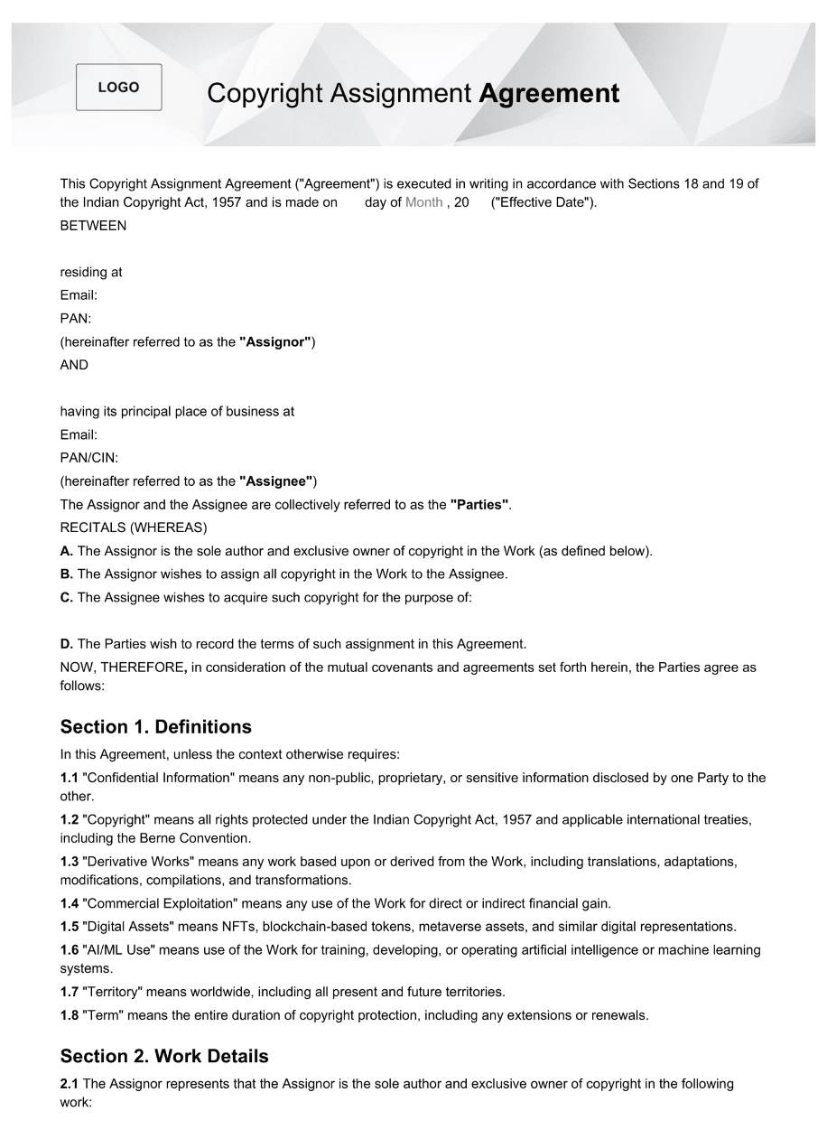 Copyright assignment agreement template