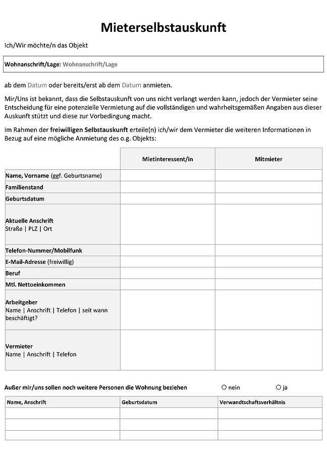 Formular für Mieterselbstauskunft