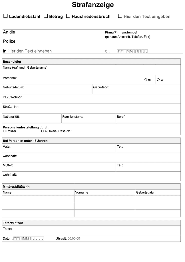 Formular für Strafanzeige