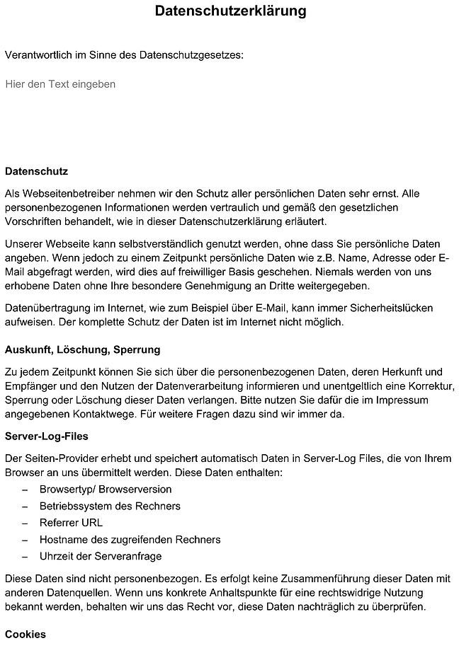 Formular für Datenschutzerklärung