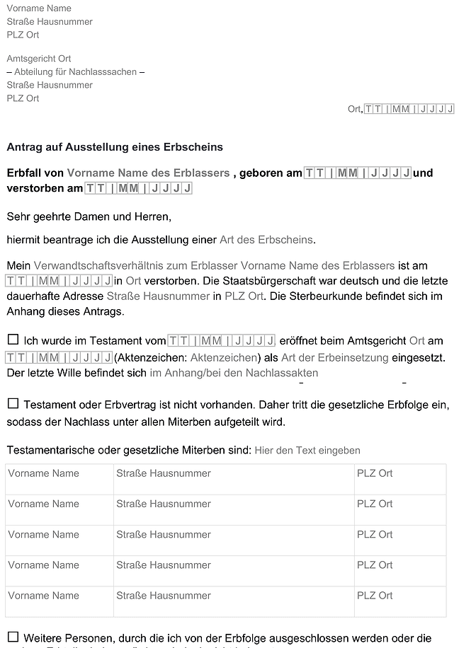 Formular vom Antrag auf Ausstellung eines Erbscheins