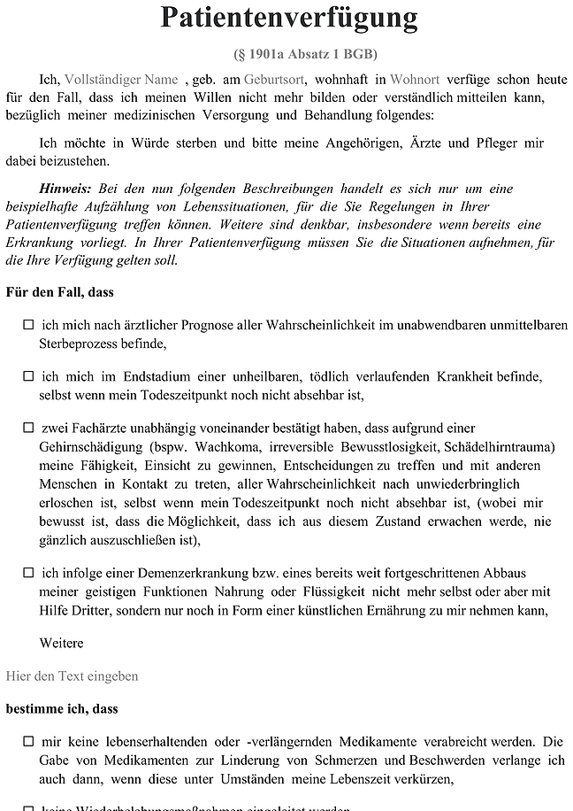 Formular für Patientenverfügung