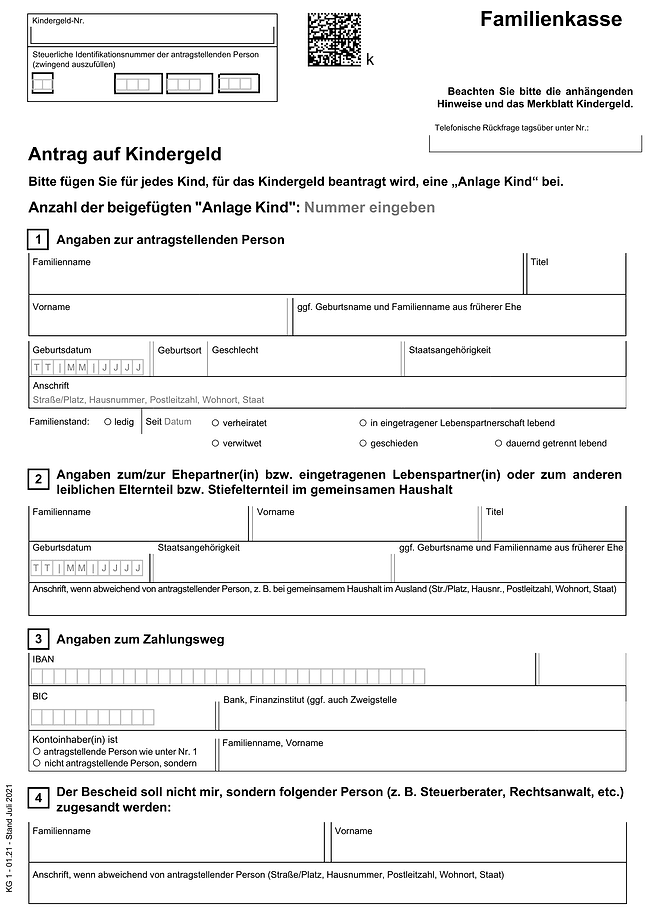 Formular eines Antrags auf Kindergeld