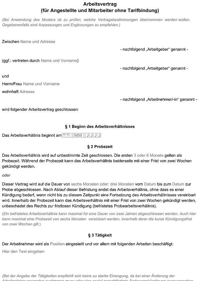 Formular eines Arbeitsvertrags