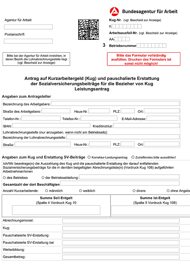 Formular vom Antrag auf Kurzarbeitergeld (Kug)