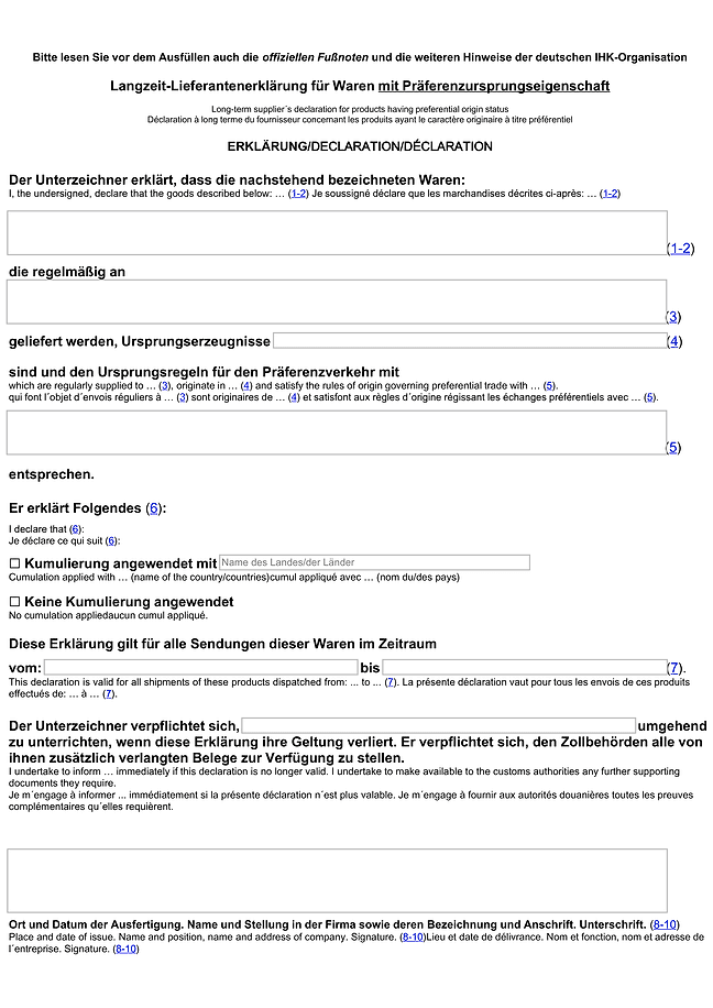 Formular für Langzeit-Lieferantenerklärung