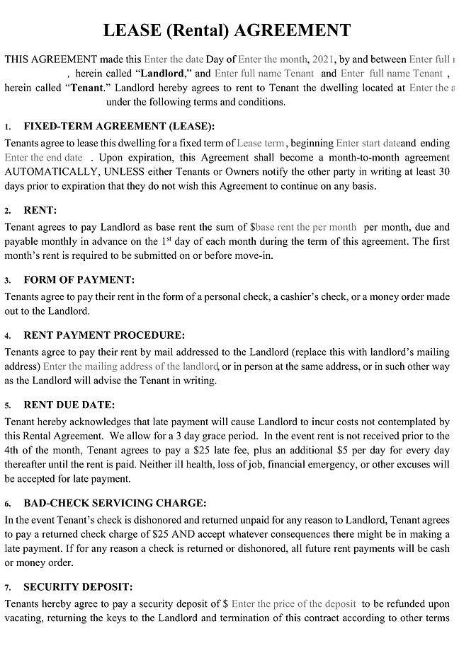 House rental (Lease) agreement form
