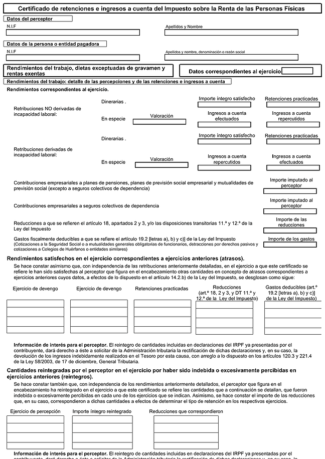 Formulario certificado de retenciones e ingresos a cuenta del Impuesto sobre la Renta de las Personas Físicas