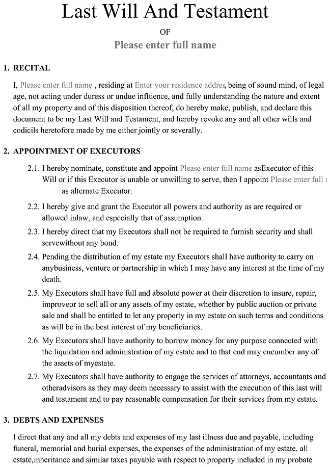 Last will and testament form