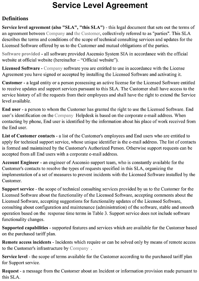 Service level agreement (SLA) form
