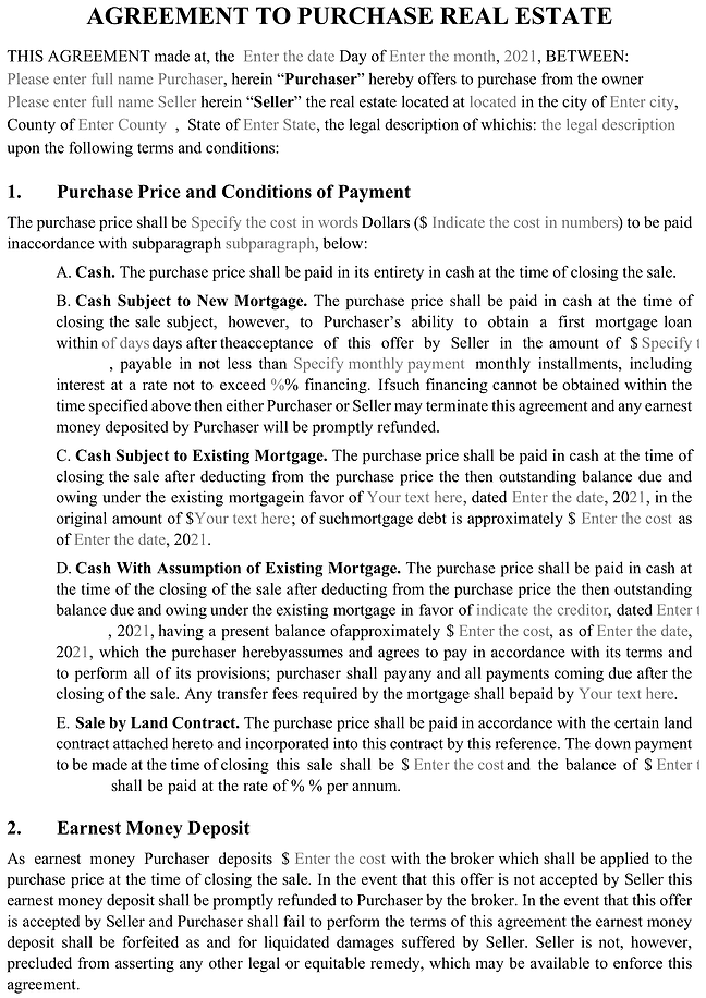 Real estate purchase agreement form