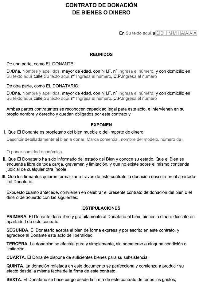 Formulario contrato de donación de bienes o dinero