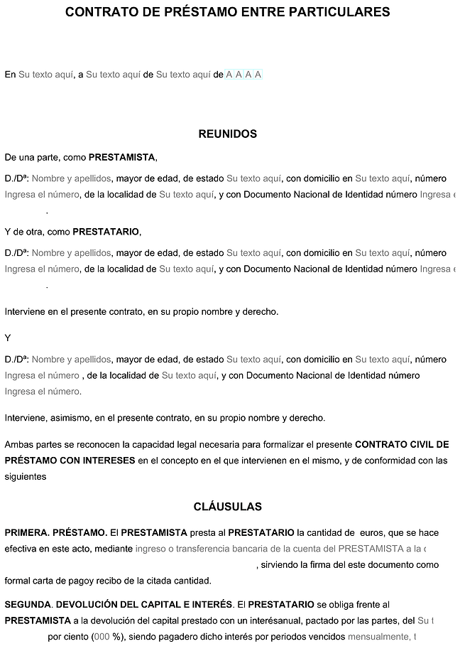 Formulario contrato de préstamo entre particulares