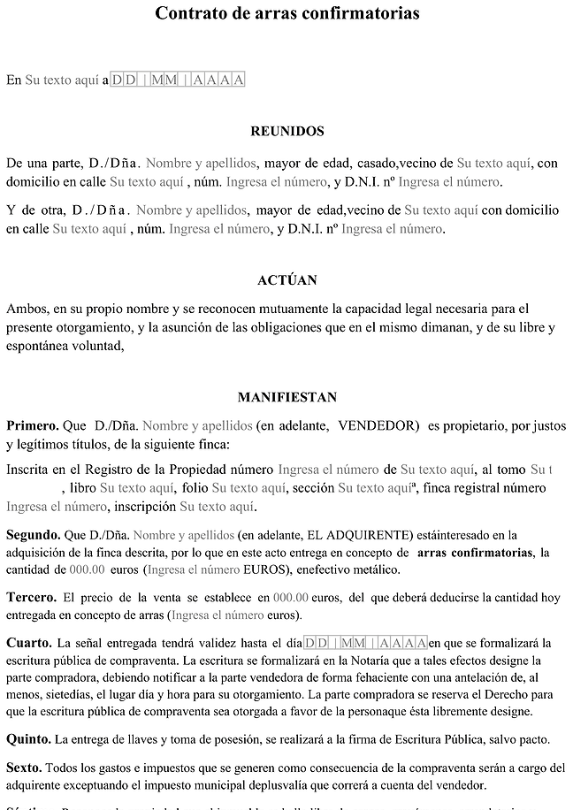 Formulario contrato de arras confirmatorias