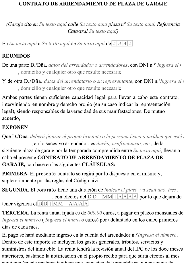 Formulario contrato de alquiler de plaza de garaje