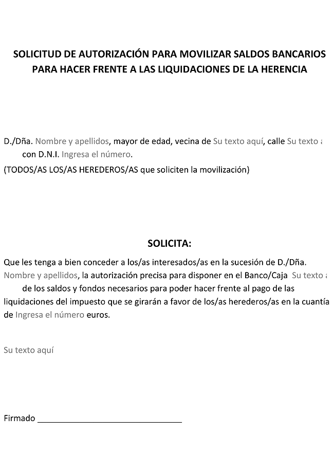 Formulario solicitud de autorización para movilizar saldos bancarios