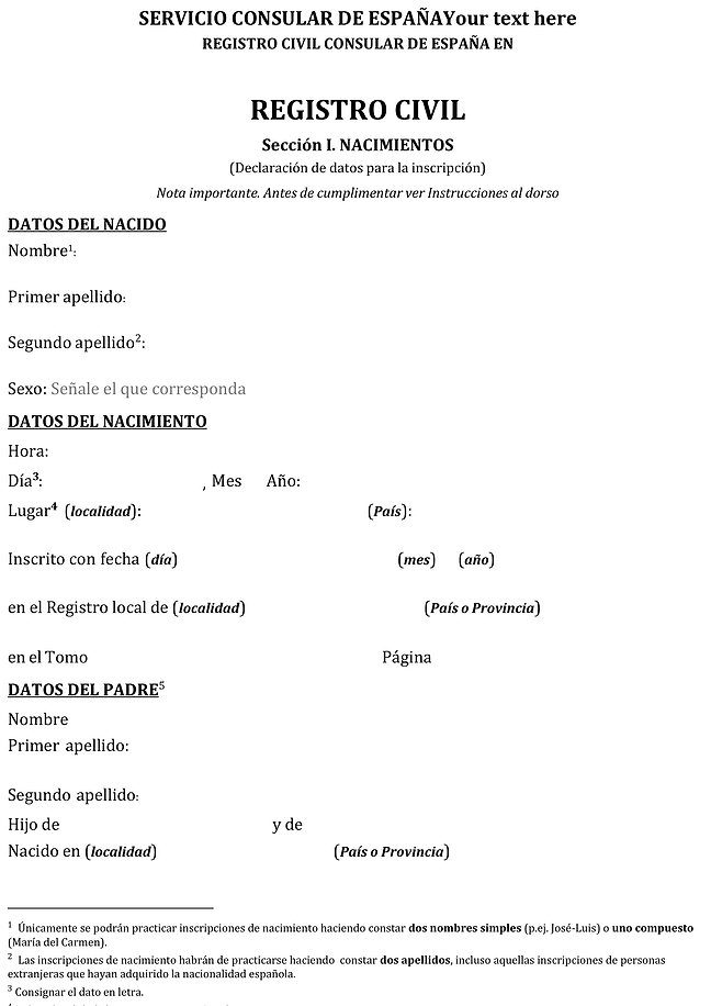 Formulario cuestionario para la declaración de nacimiento al Registro Civil