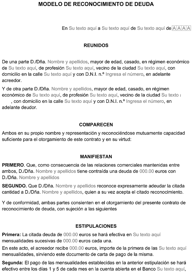 Formulario contrato de reconocimiento de deuda