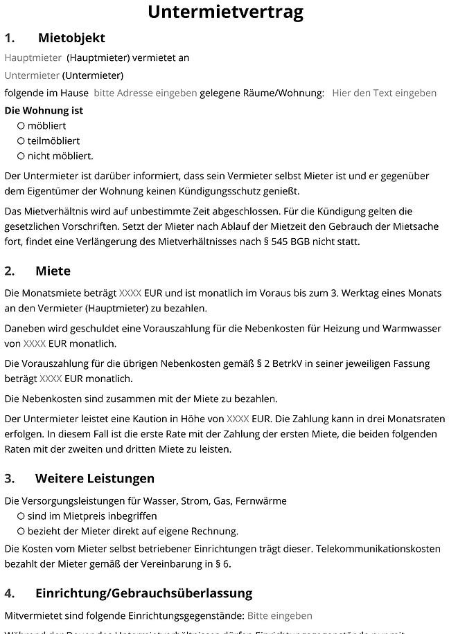 Formular für Untermietvertrag