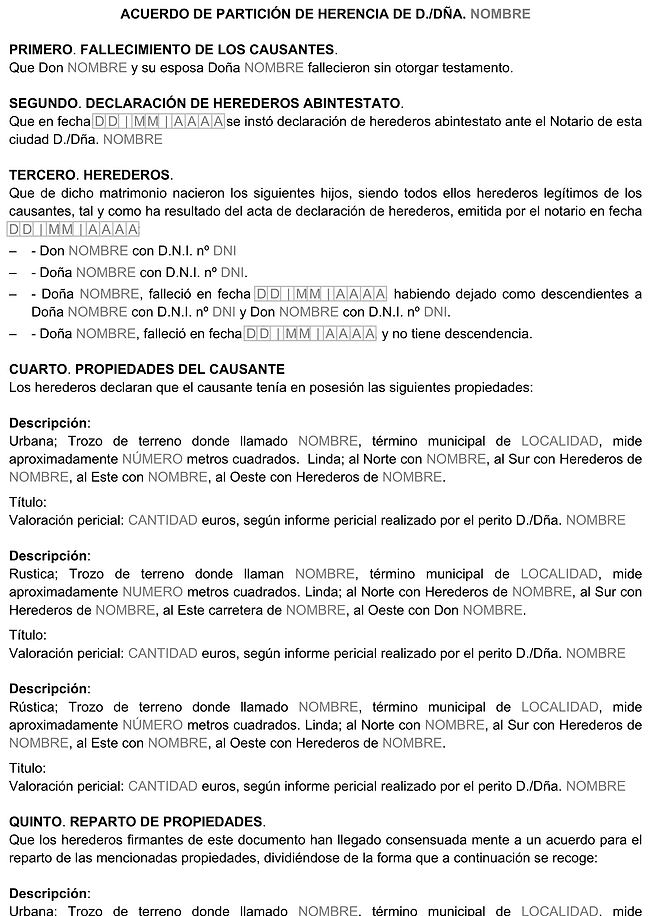 Formulario acuerdo de partición de herencia