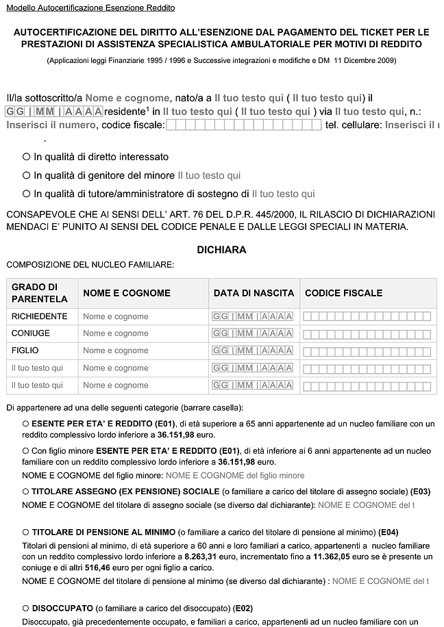 Modulo esenzione ticket