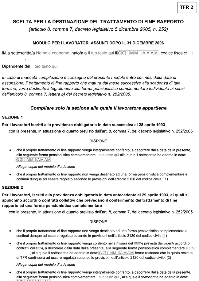 Modulo TFR 2 scelta per la destinazione del trattamento di fine rapporto