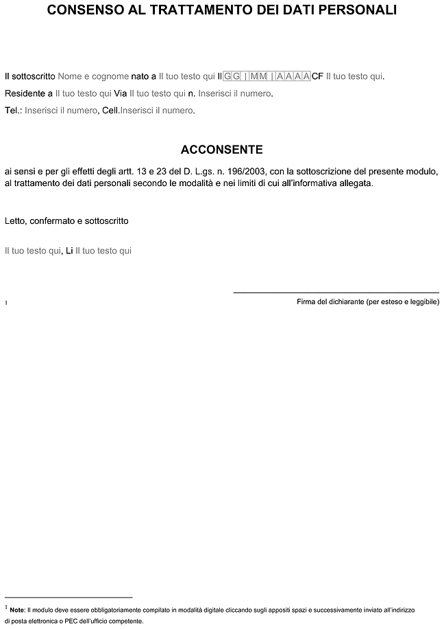 Modulo consenso al trattamento dei dati personali (Modulo Privacy)