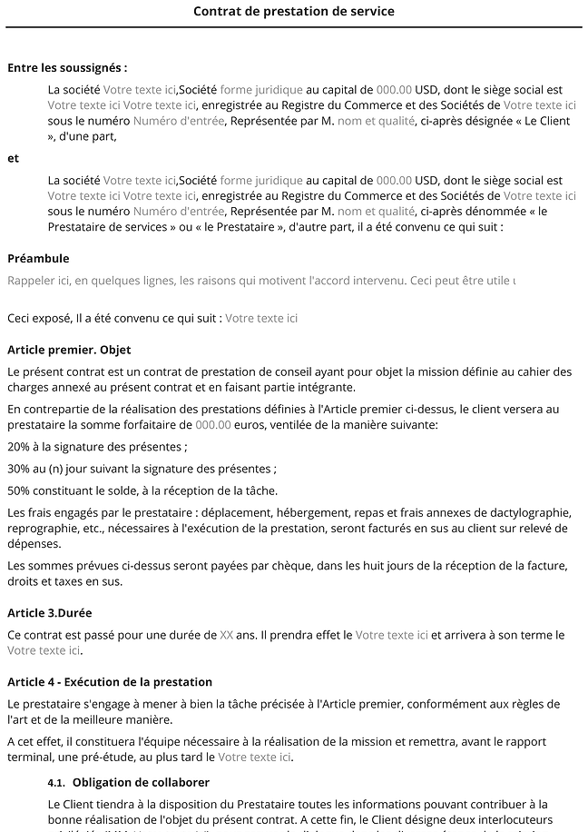 Formulaire contrat de prestation de service