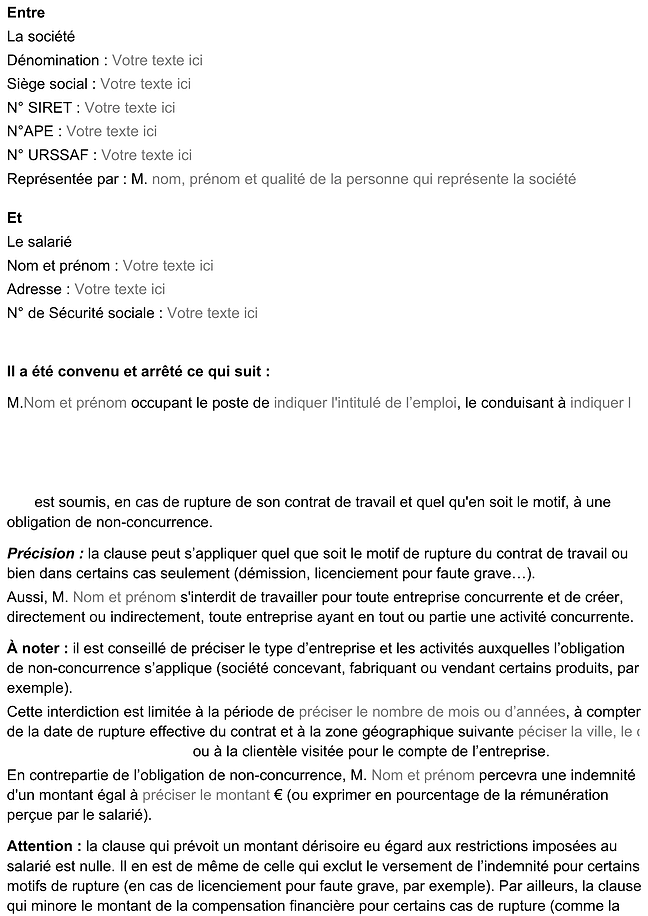 Formulaire clause de non-concurrence