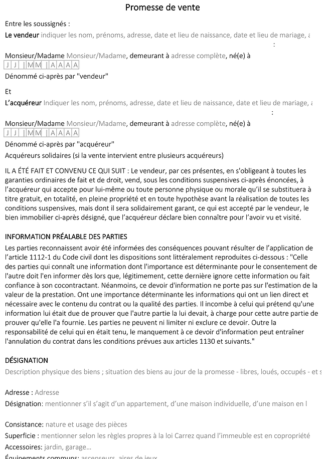 Formulaire promesse de vente