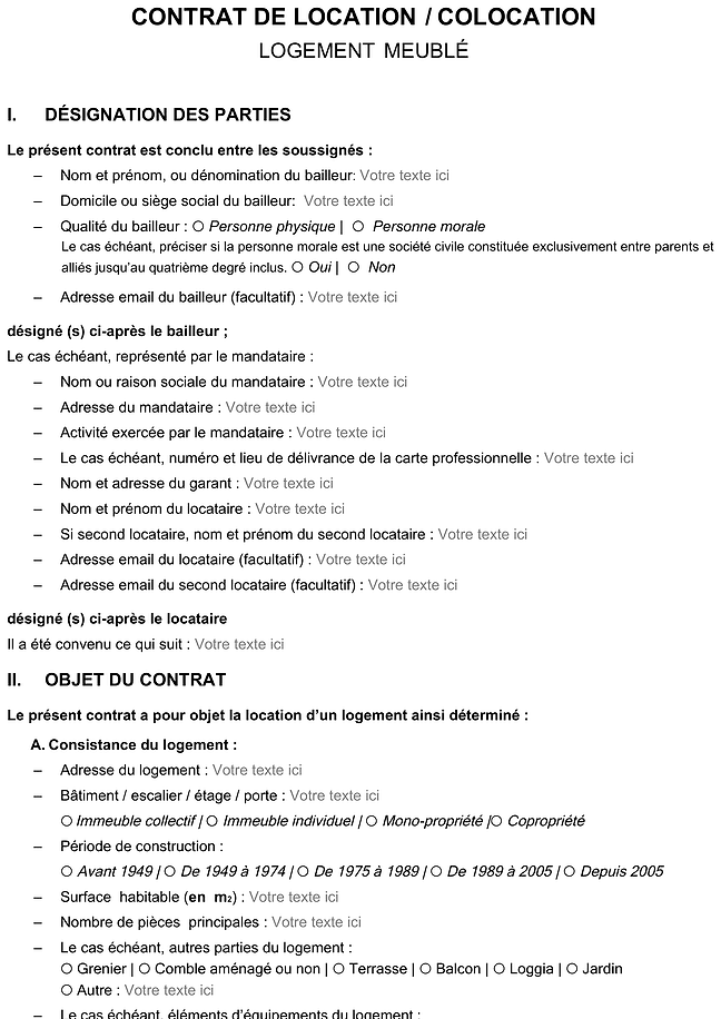 Formulaire contrat de location (logement meublé)