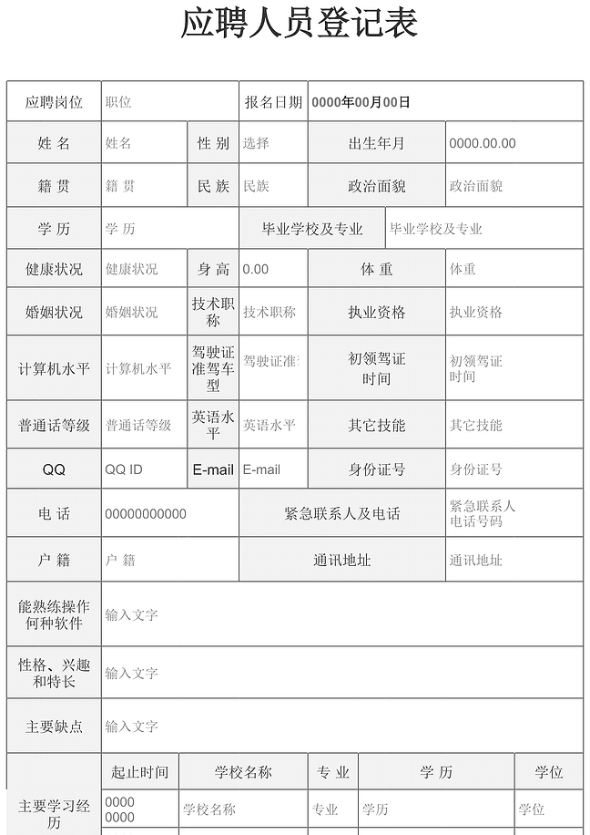 应聘人员登记表