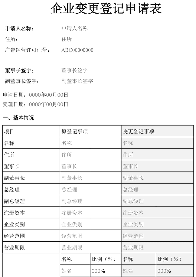 企业变更登记申请表