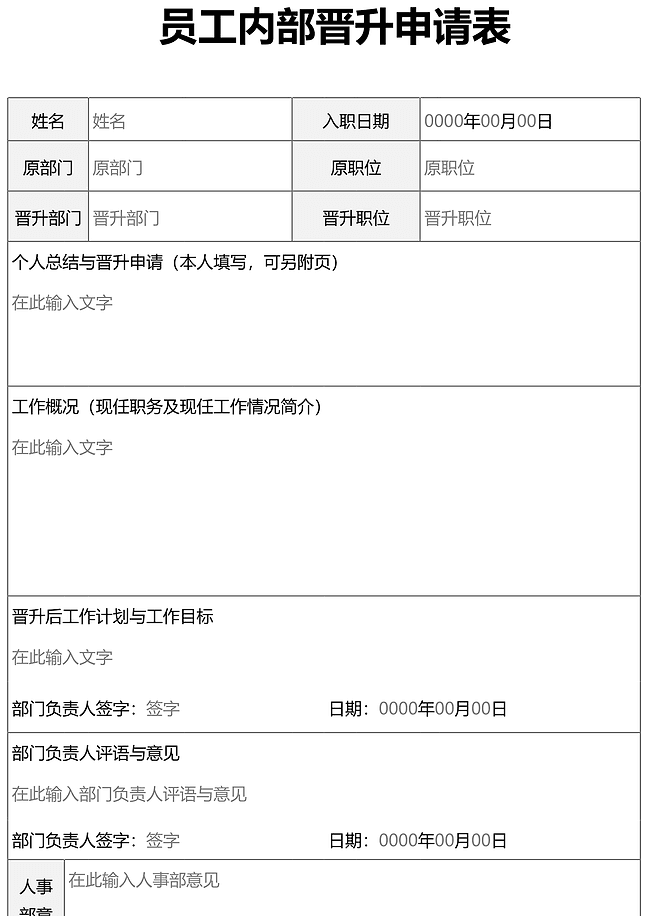 员工内部晋升申请表