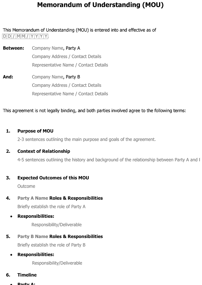 Memorandum of understanding (MOU) form