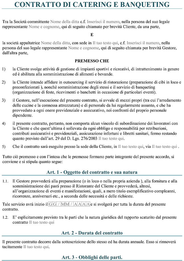 Modulo contratto di catering / banqueting