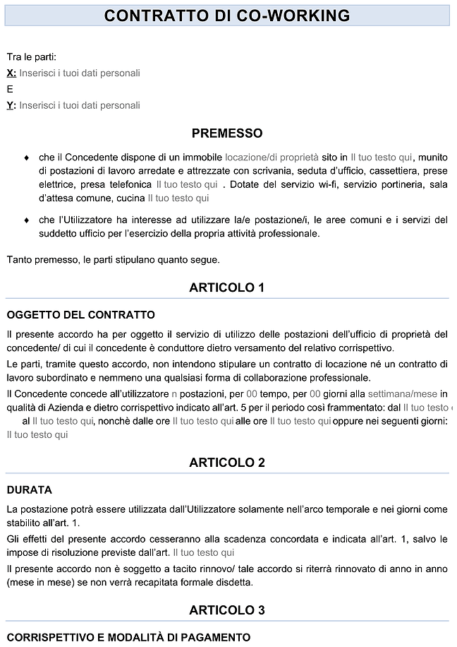 Modulo contratto di coworking