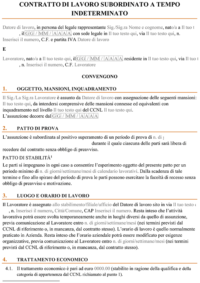 Modulo contratto di lavoro subordinato a tempo indeterminato