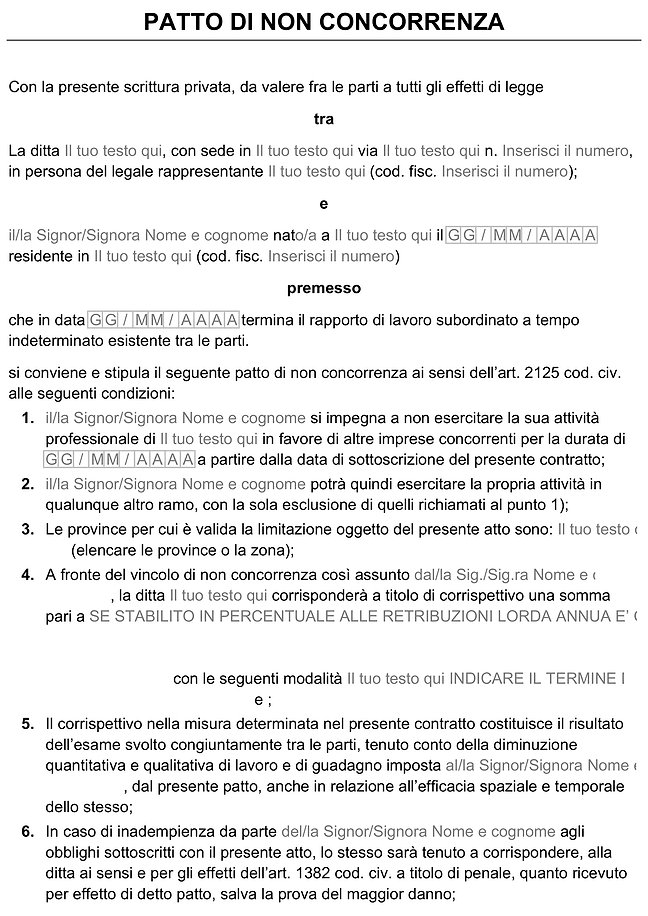 Modulo patto di non concorrenza lavoratore autonomo