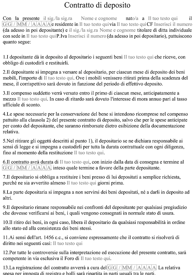 Modulo contratto di deposito