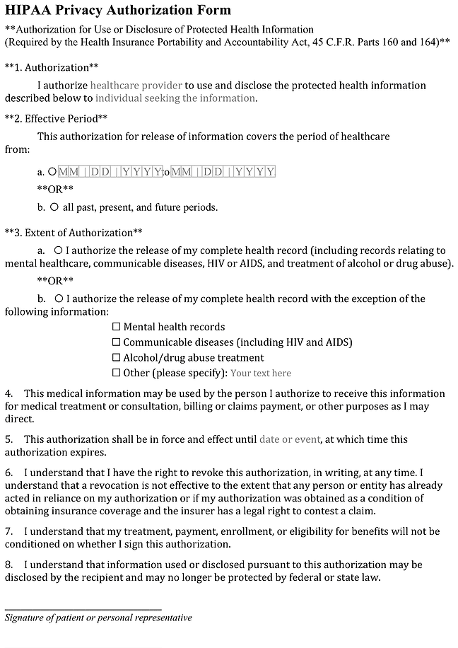 HIPAA privacy authorization form (HIPAA release)