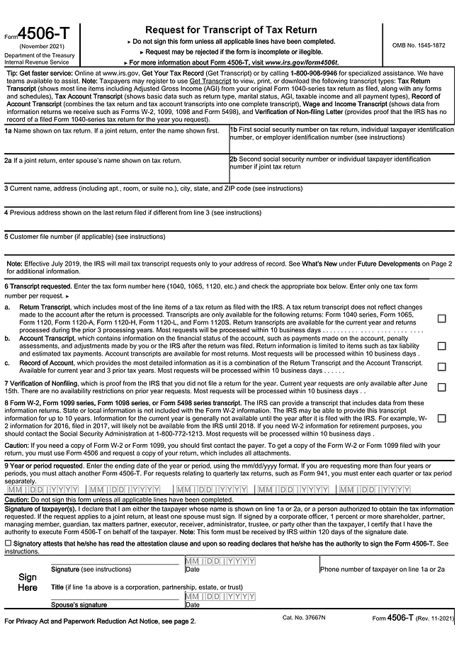 Form 4506-T (Request for Transcript of Tax Return)