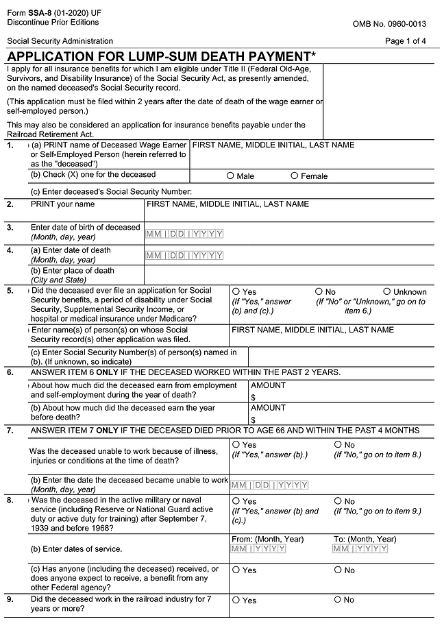 Form SSA-8 (Application for Lump-Sum Death Payment)