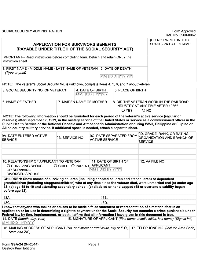 Application for survivor benefits form