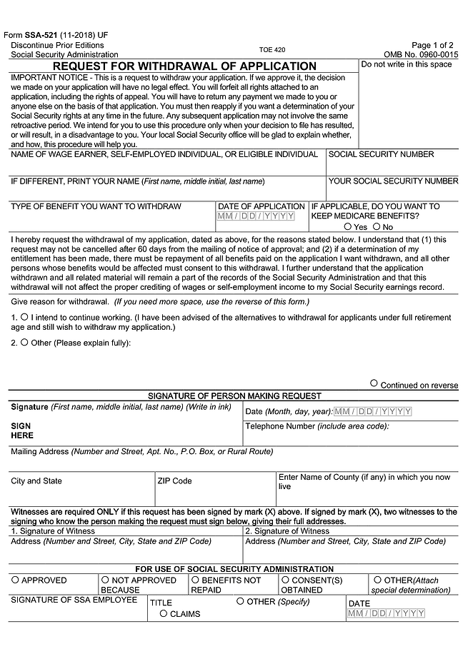 Form SSA 521 (Request for Withdrawal of Application)